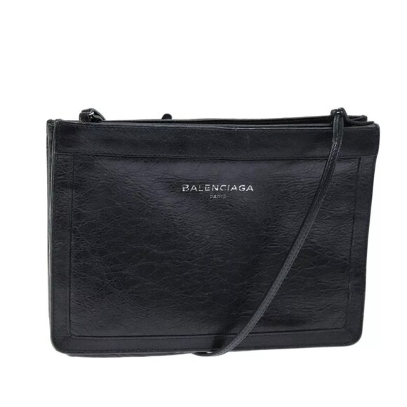 BALENCIAGA Navy Pochette Shoulder Bag Leather Black - Picture 1 of 15
